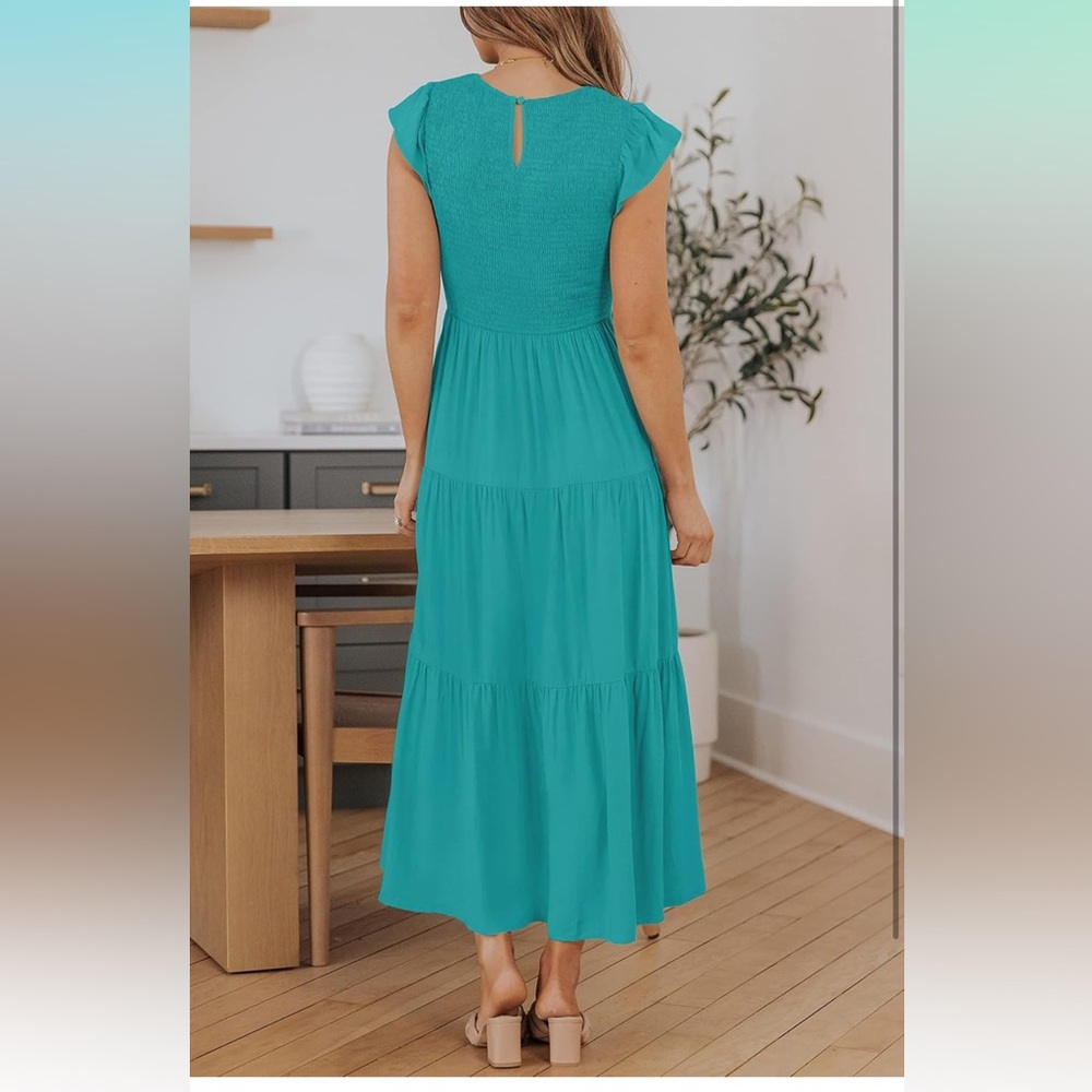 NEW • Flutter Sleeve Smocked Waist Midi Dress • Women’s Medium in Color Peacock🍉 - Picture 11 of 15